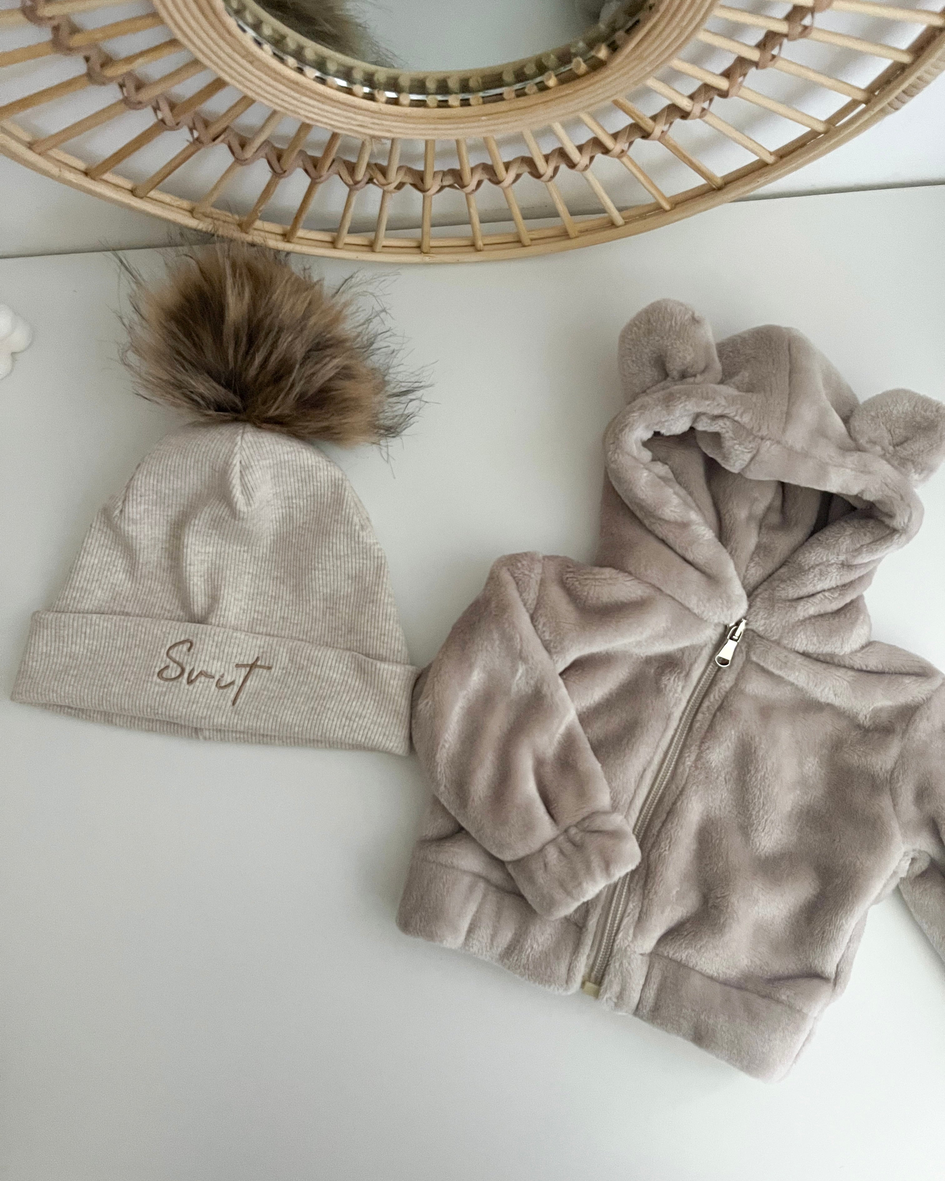 Otroška kapa s cofom - melange beige/navy