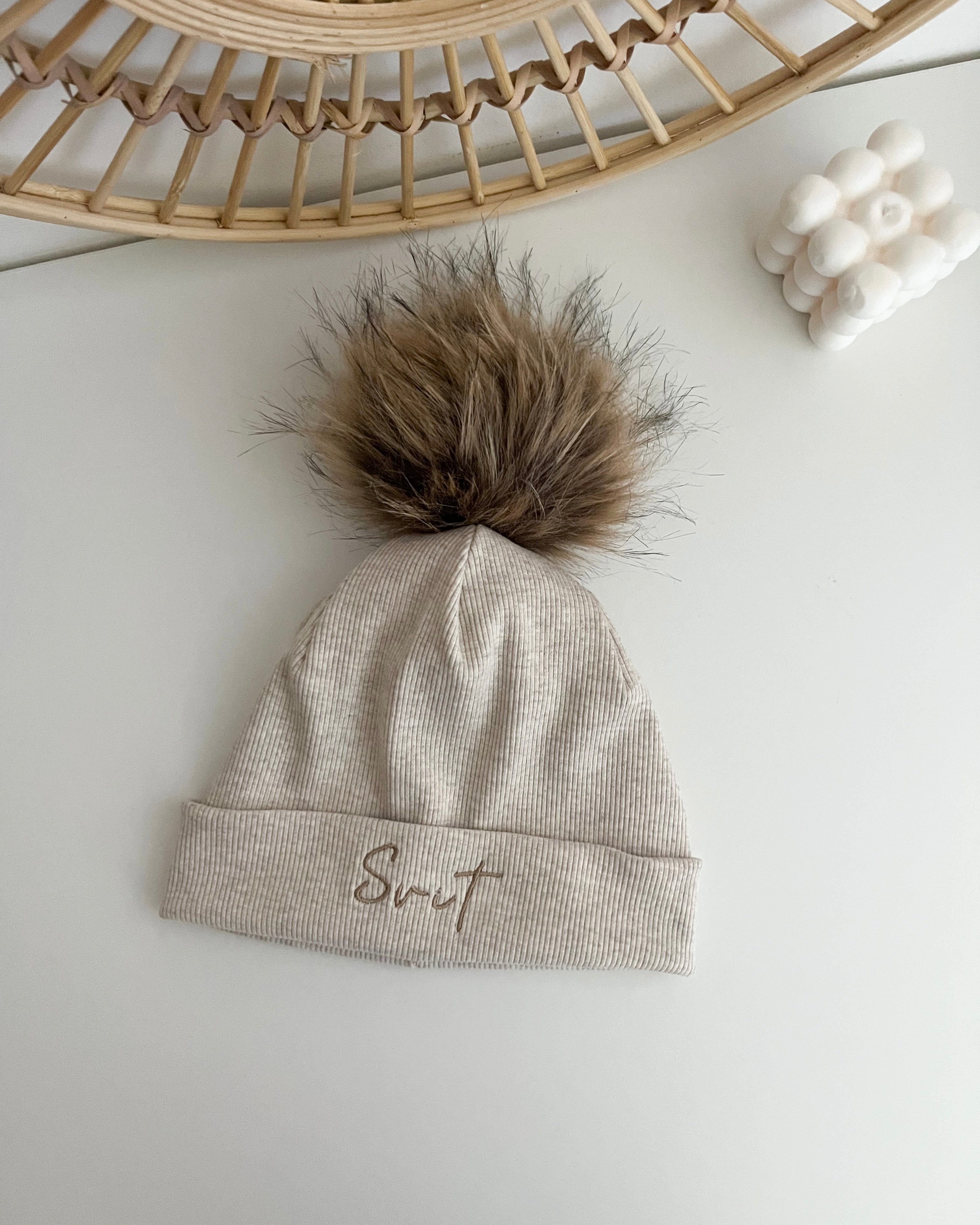 Otroška kapa s cofom - melange beige/navy